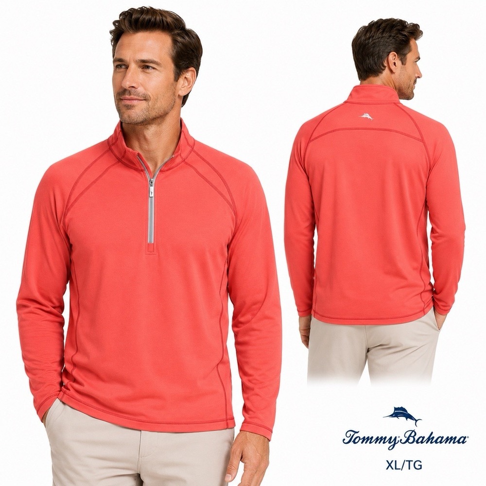 Tommy Bahama Quarter Zip Pullover Men's XL Coral Orange Marlin Performance
